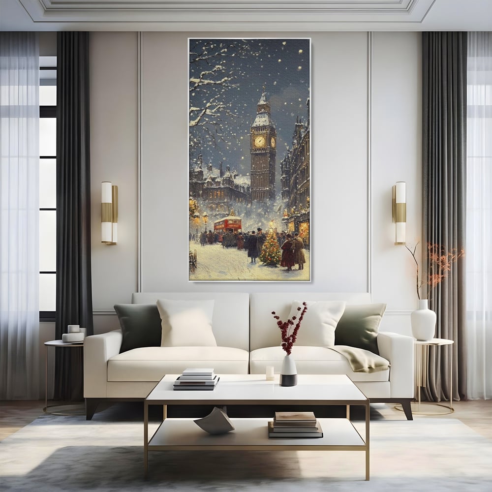 Tablou canvas cu ilustratie iarna cu turnul ceasului, in rama de aluminiu argintiu, pe perete intr-un living